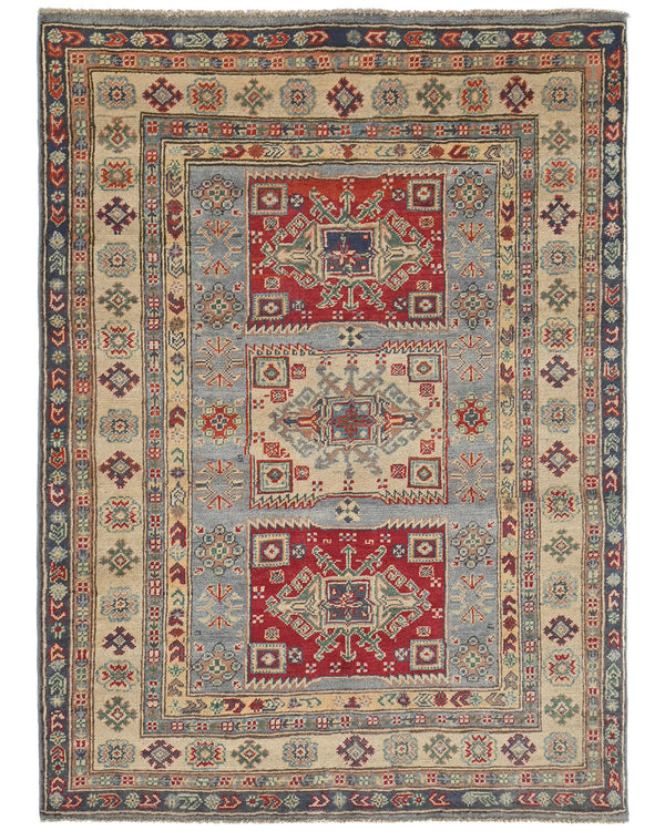 4x6 Gray Kuba Afghan Hand Knotted Wool Area Rug